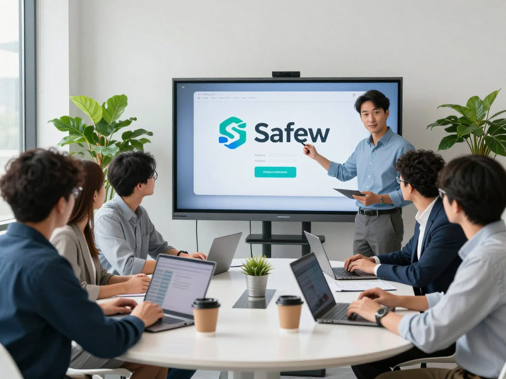 在Safew官网的现代办公环境中,团队成员正热烈讨论安全通信解决方案。