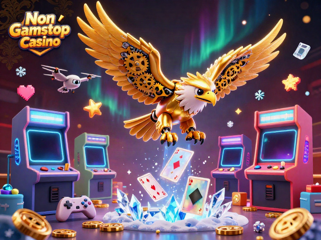 Experience the thrill of Non Gamstop Casino with a dynamic 3D illustration of a cybernetic eagle and holographic cards.