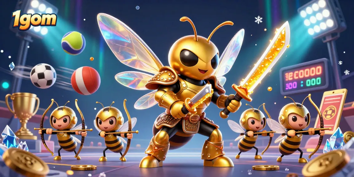 Engage with the dynamic 1gom gaming scene featuring vibrant sports elements and a golden hornet.