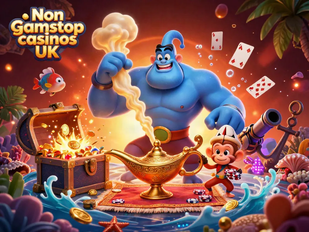Experience the thrill of Non gamstop casinos UK with an elaborate 3D genie scene filled with casino elements.