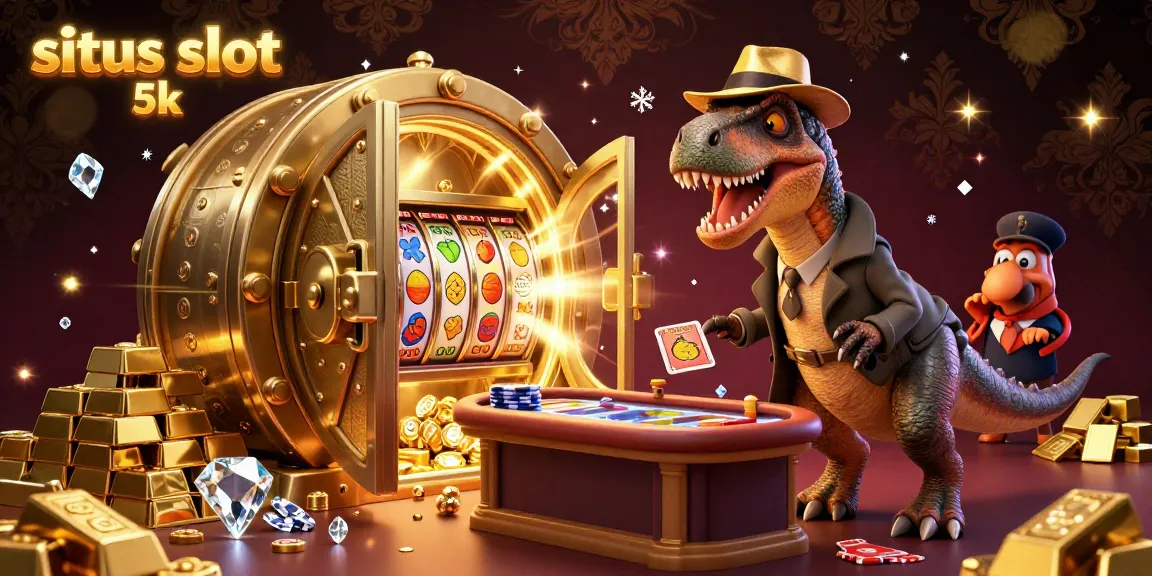 Experience the excitement of situs slot 5k with a cartoon velociraptor at the slot table surrounded by treasures.