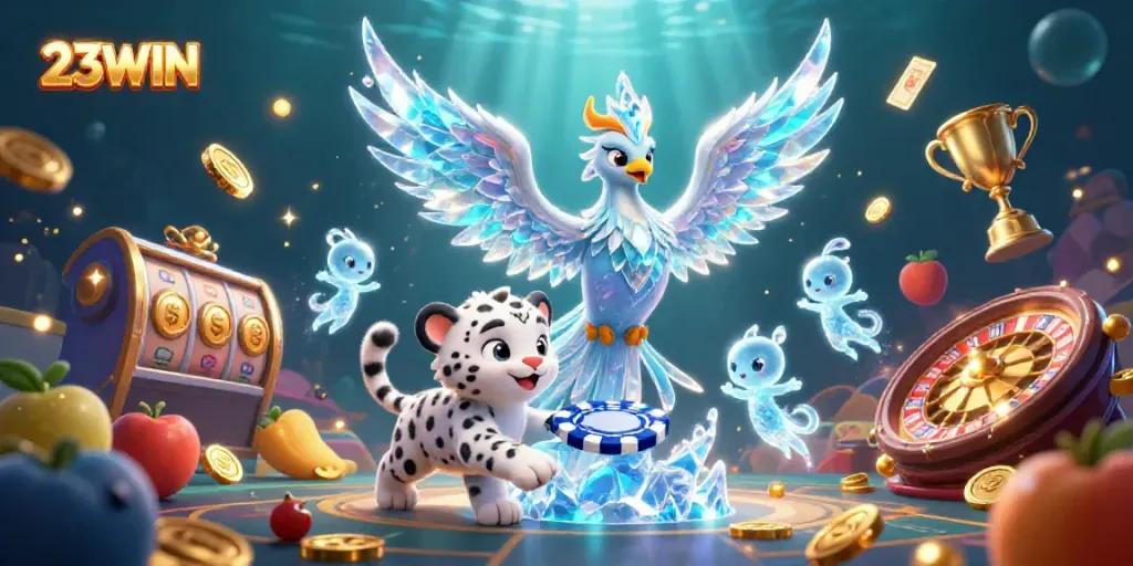 Experience the magic of 23WIN with vibrant characters and dynamic casino elements in this colorful 3D scene.