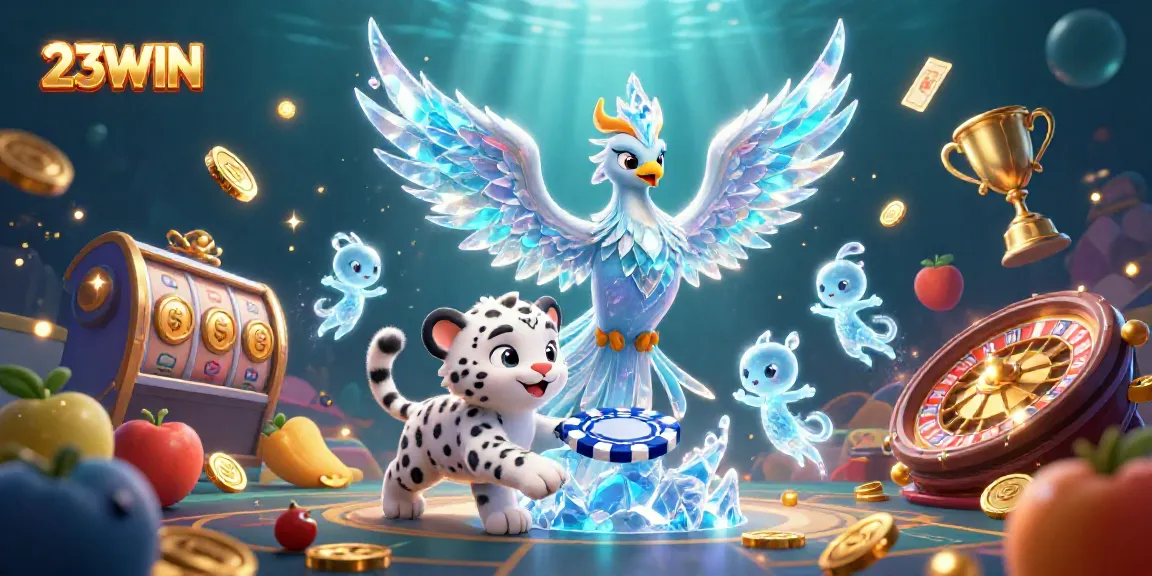 Experience the magic of 23WIN with vibrant characters and dynamic casino elements in this colorful 3D scene.