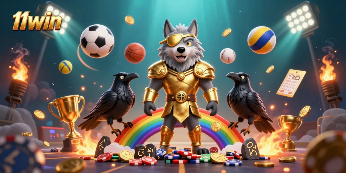 Win big with 11WIN in this vibrant 3D casino world featuring Odin and sports elements.