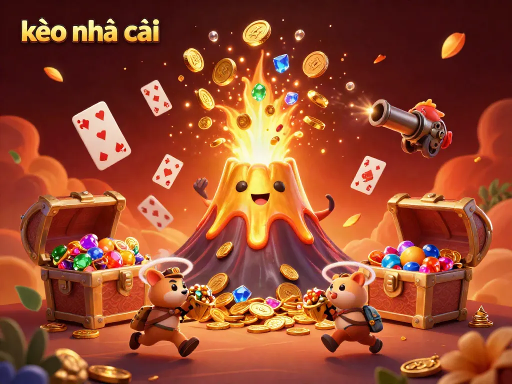 Experience thrilling moments with kèo nhà cái as a golden volcano erupts treasure while tiny explorers flee with gems.