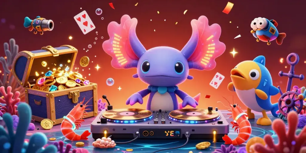 Engage with 78WIN's vibrant underwater casino scene depicting a neon axolotl DJ spinning records amidst gold treasures and dancing shrimp.