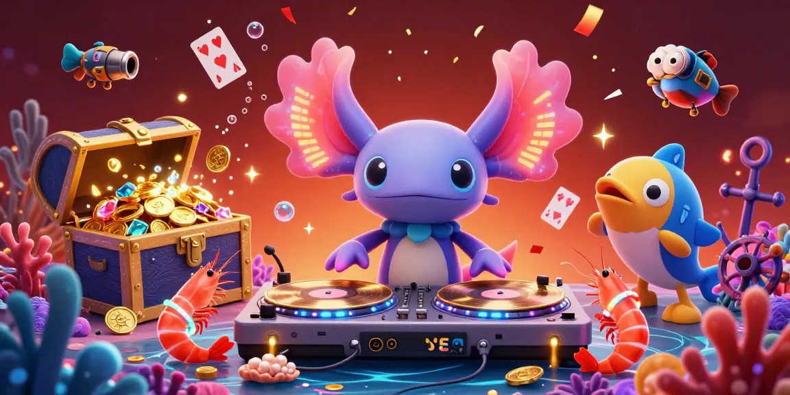 Engage with 78WIN's vibrant underwater casino scene depicting a neon axolotl DJ spinning records amidst gold treasures and dancing shrimp.