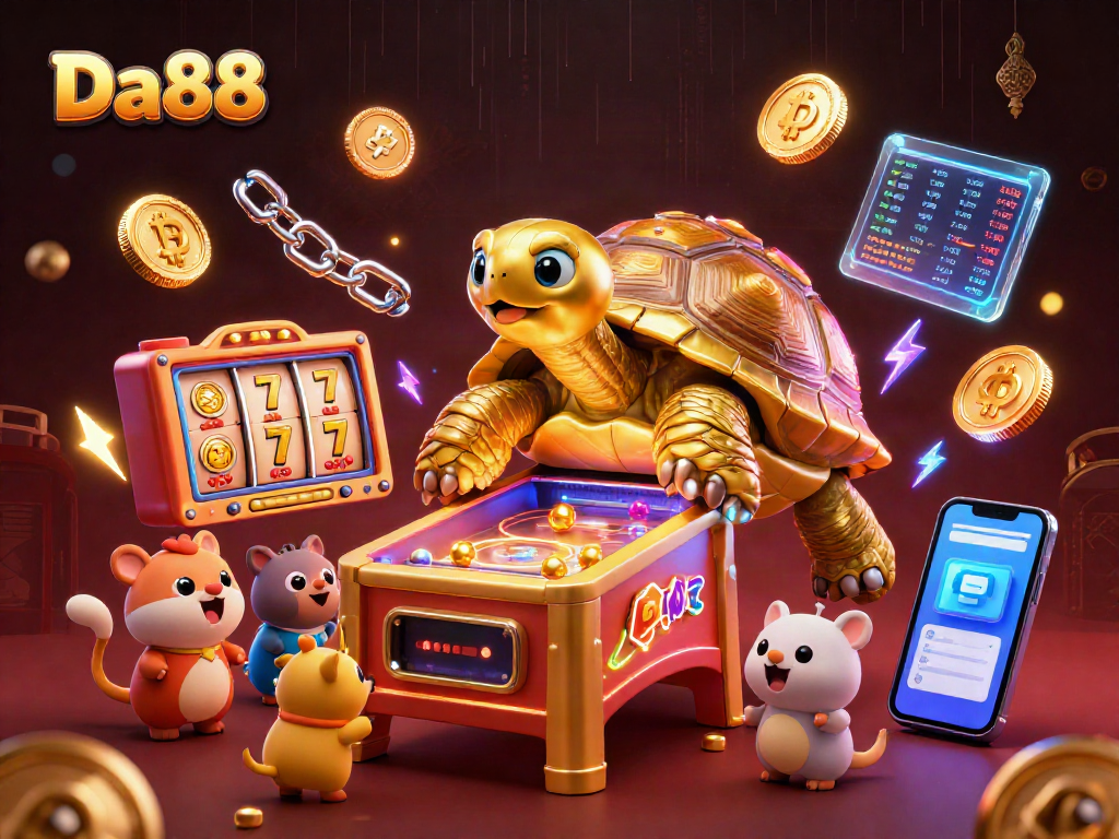 Engage in thrilling gameplay at Da88 with a vibrant illustration of a golden tortoise pinball machine and exciting slot game elements.