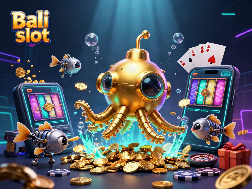 Bali slot features a kraken submarine and golden coins in an animated casino atmosphere.