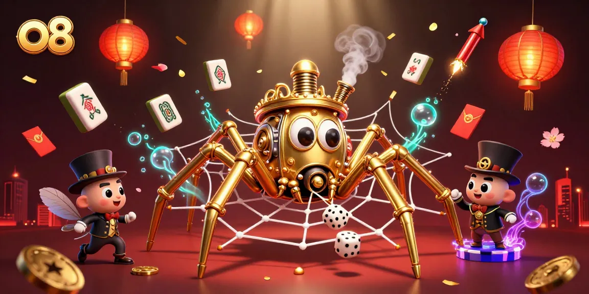 Engage with the thrilling world of o8 as the steampunk spider captures dice in its golden web amidst vibrant casino elements.