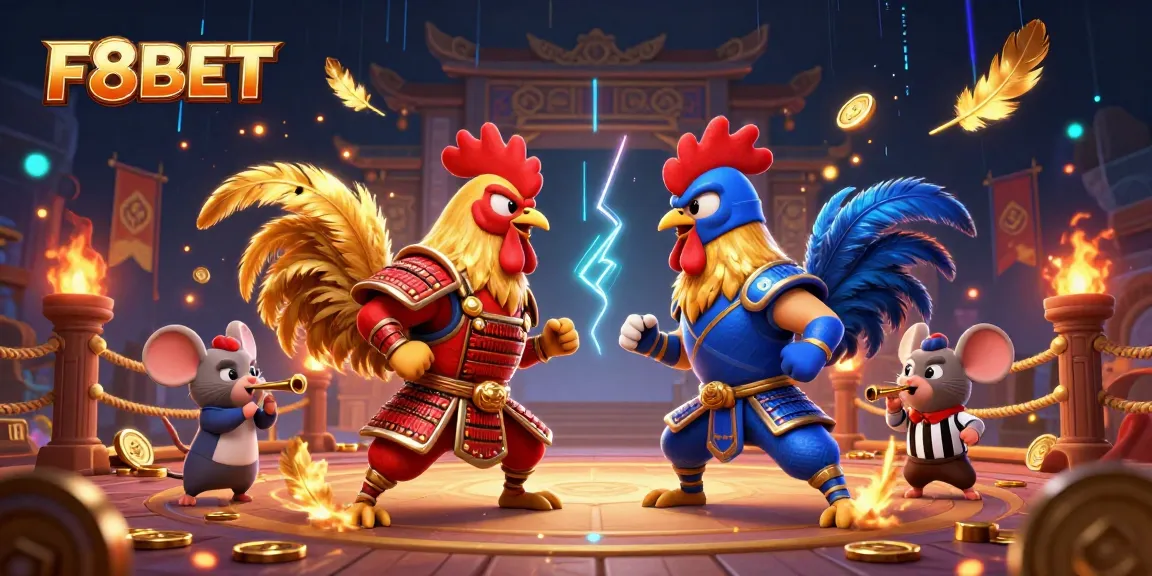 Engage in thrilling action with F8BET's dramatic rooster duel amidst a lively casino backdrop.
