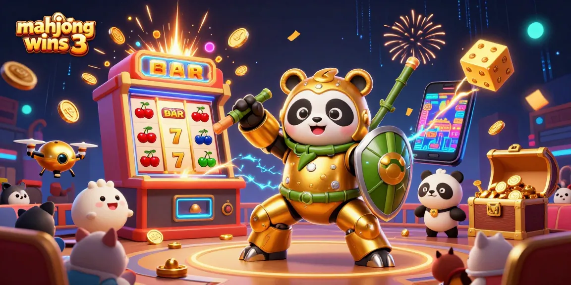 Experience mahjong wins 3 with a lively 3D illustration of a panda alongside dynamic casino elements.