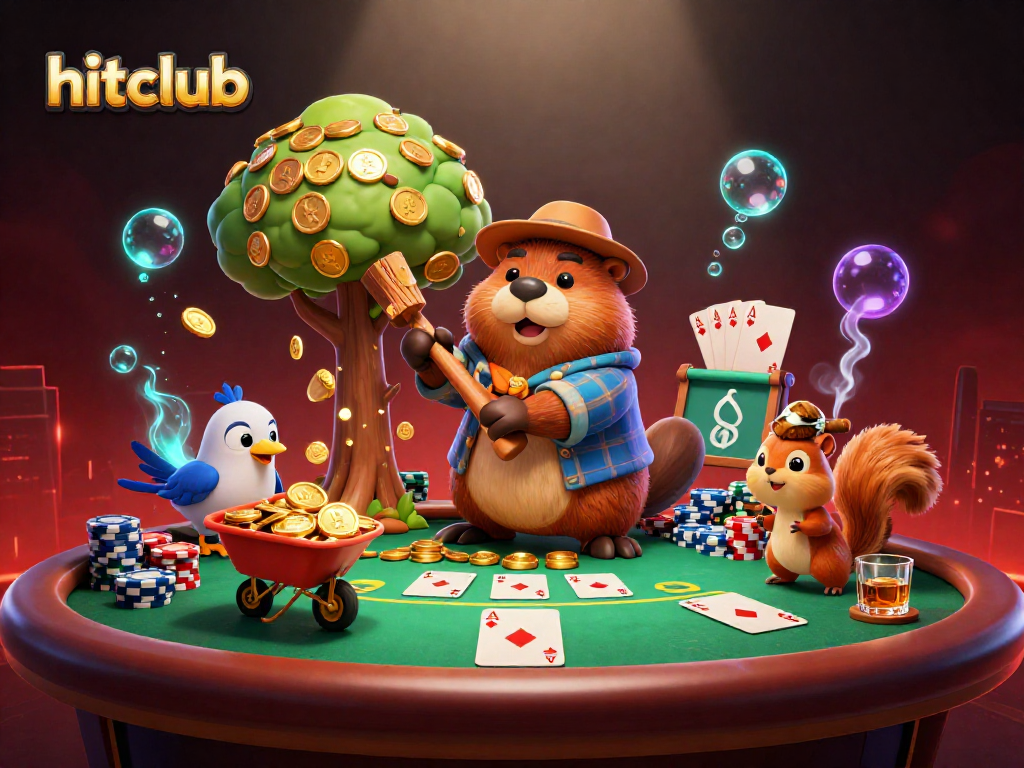 hitclub's dynamic casino scene with cartoon characters collecting coins and playing poker