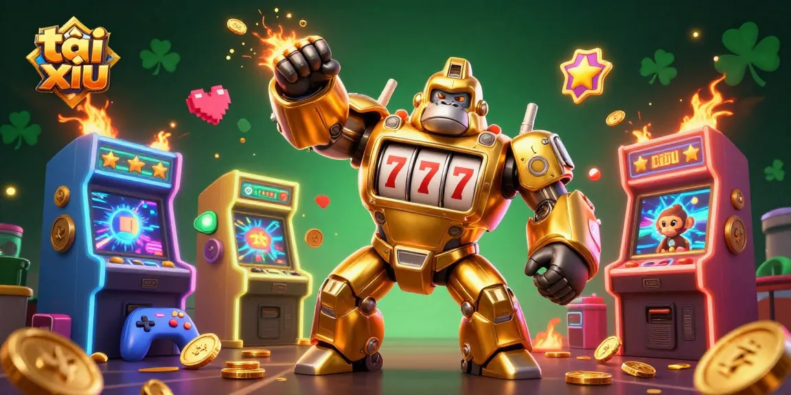 Engage in tài xỉu with a thrilling 3D illustration featuring a dynamic golden gorilla mech and vibrant game elements.