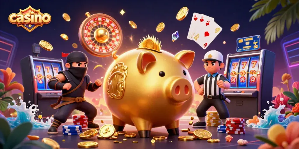 Experience thrilling casino action with a golden sumo wrestler and vibrant gaming elements.