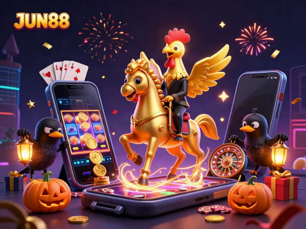 Experience the thrilling JUN88 casino atmosphere with vibrant characters and game elements.