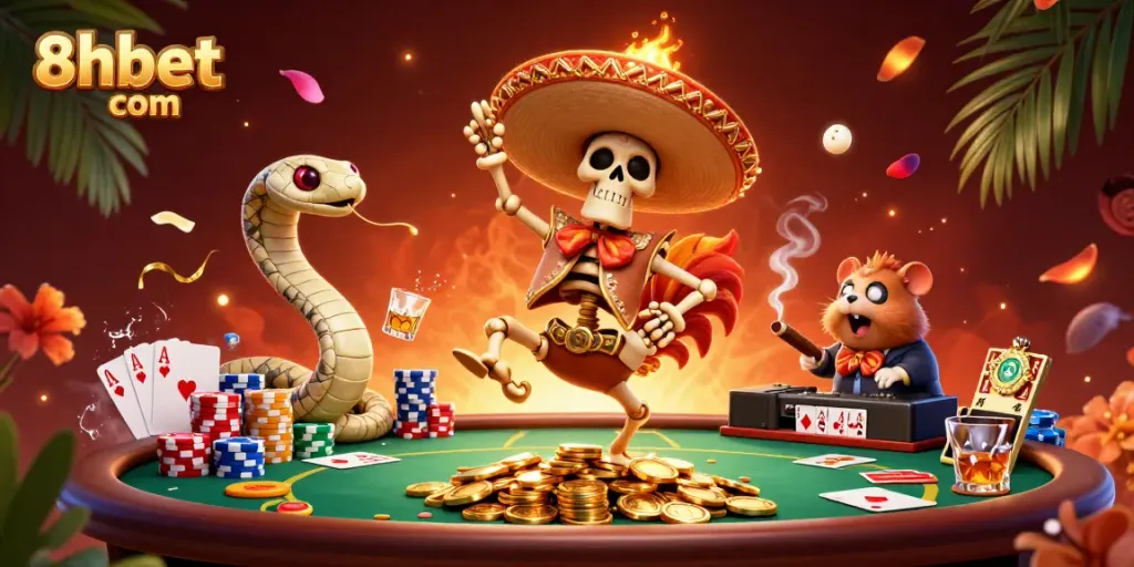 Experience thrilling victories with 8xbet com, featuring a vibrant casino scene with animated characters.