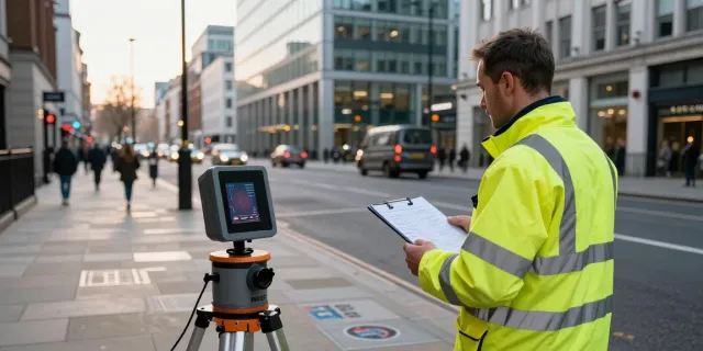 PAS 128 Survey London with surveyor using GPR equipment in a busy city street.