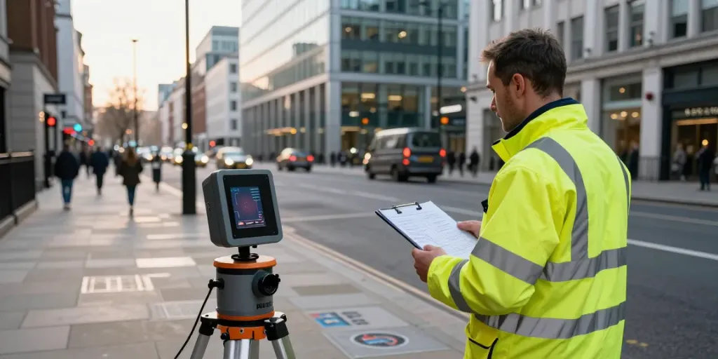 PAS 128 Survey London with surveyor using GPR equipment in a busy city street.