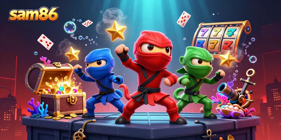 Experience thrilling gameplay at sam86 with a cartoon ninja chameleon team navigating a colorful casino.