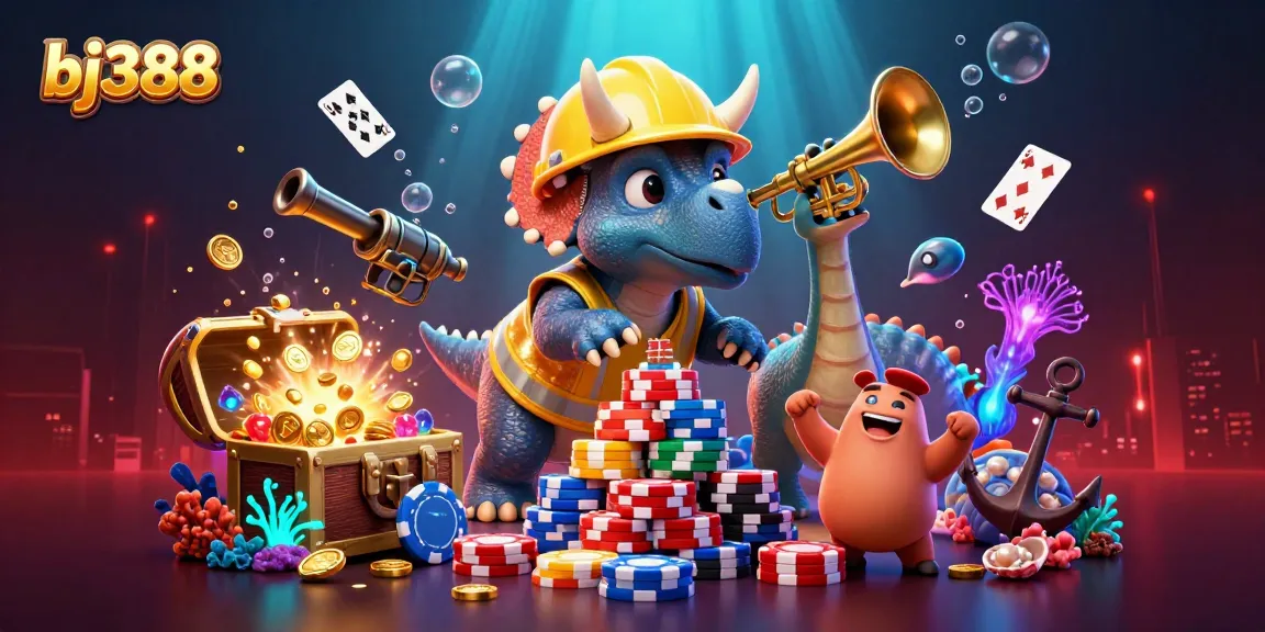 Experience high-stakes excitement at bj388, where a cartoon triceratops builds poker chip pyramids amidst underwater treasures.