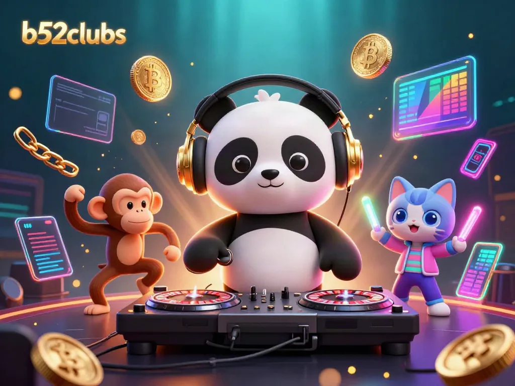 Engage with b52clubs and experience a vibrant 3D casino scene with animated characters and glowing elements.
