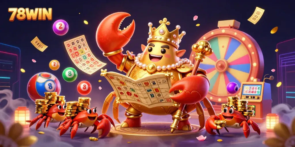 Experience thrilling wins at 78WIN with a vibrant scene of a majestic crab emperor and golden chips.
