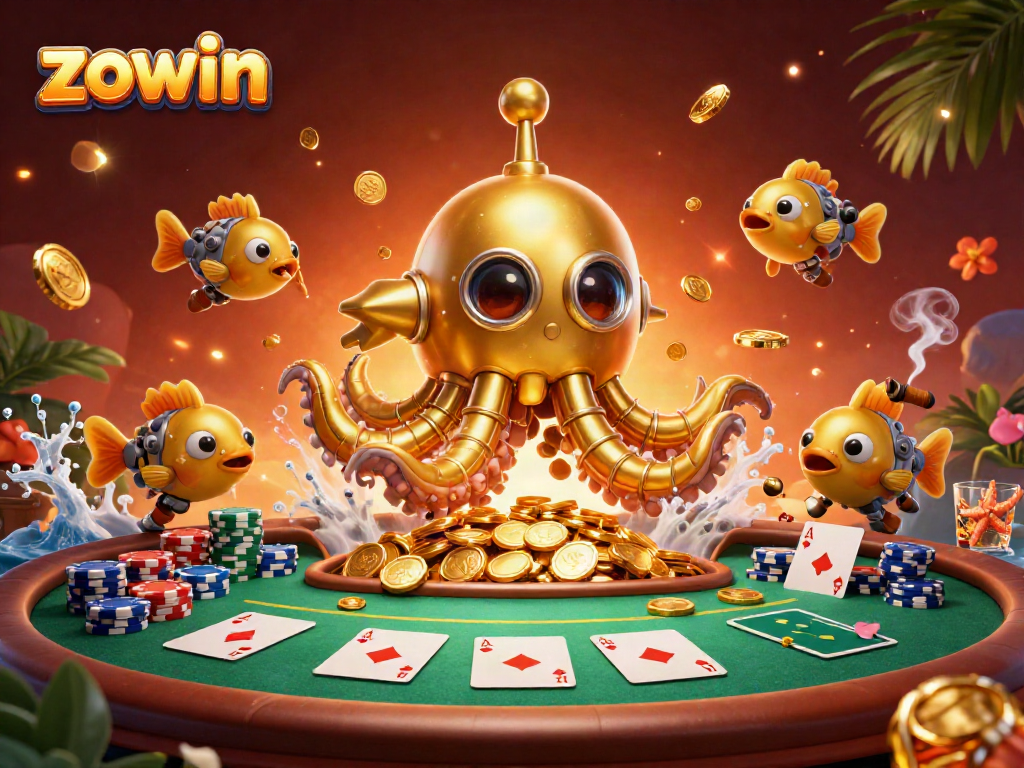 Zowin showcases an engaging scene with a golden kraken submarine and casino elements for online gambling.