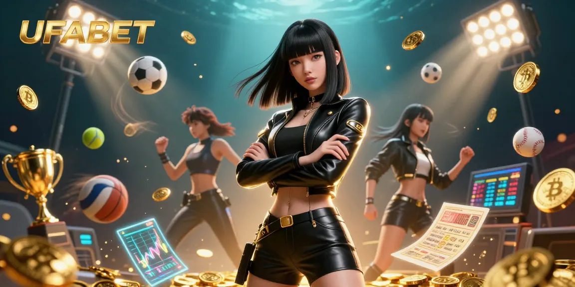 Bet on UFABET with a stunning Asian woman in a leather outfit surrounded by dynamic sports elements and crypto icons.