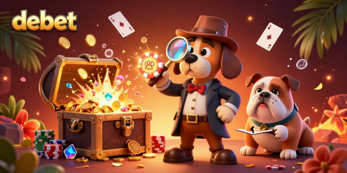 Engage with debet's vibrant casino scene featuring cartoon detectives uncovering poker treasures amidst dynamic gameplay elements.