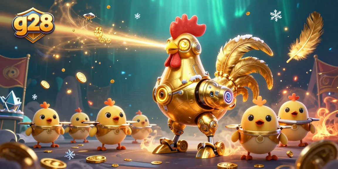 g28 features a dynamic scene with a golden rooster robot and baby chick drones amidst a vibrant casino atmosphere.