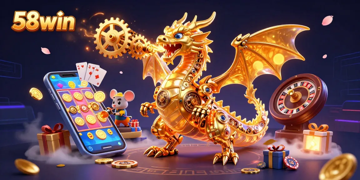 Win big at 58win with a dynamic illustration of golden dragon and exciting game elements.
