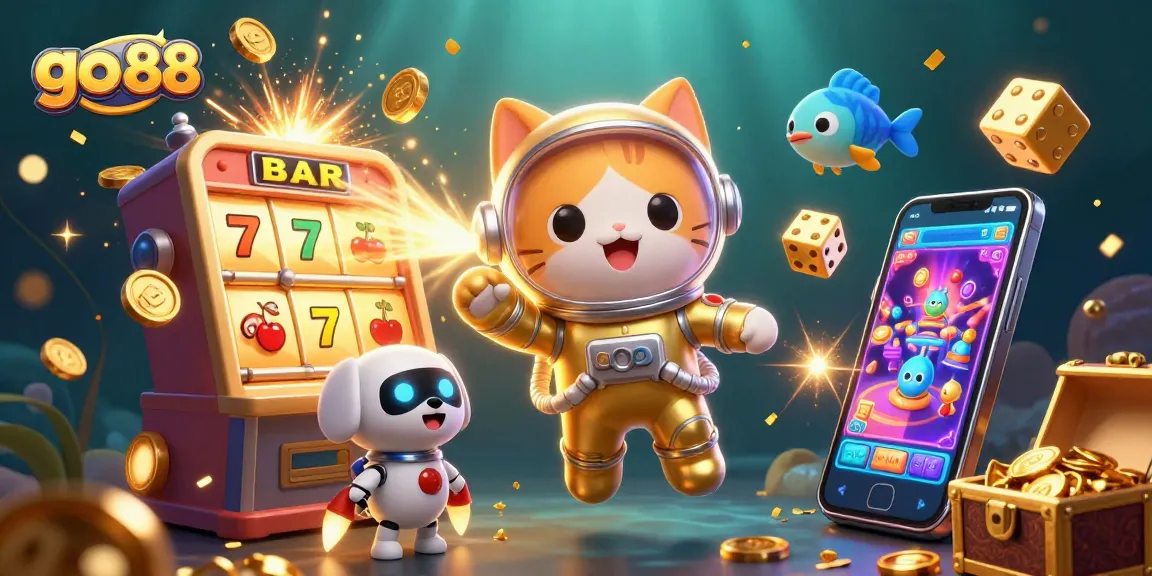 Engage in thrilling gameplay with go 88, as the astronaut cat and robot dog encounter a jackpot explosion among dazzling casino elements.
