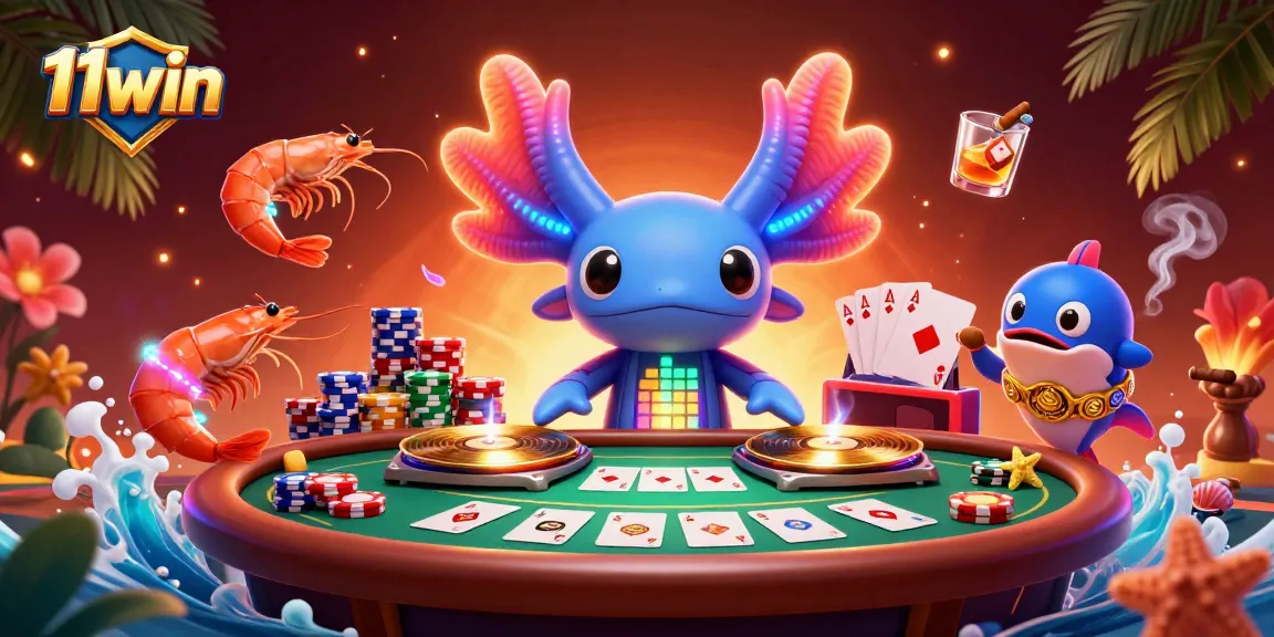 Engage with vibrant 11win casino action featuring an eye-catching axolotl DJ and lively atmospheric elements.