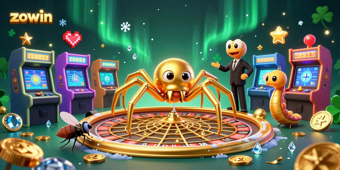 Zowin's vibrant gaming experience highlights a cartoon spider and centipede hosting bets in a dazzling casino scene.