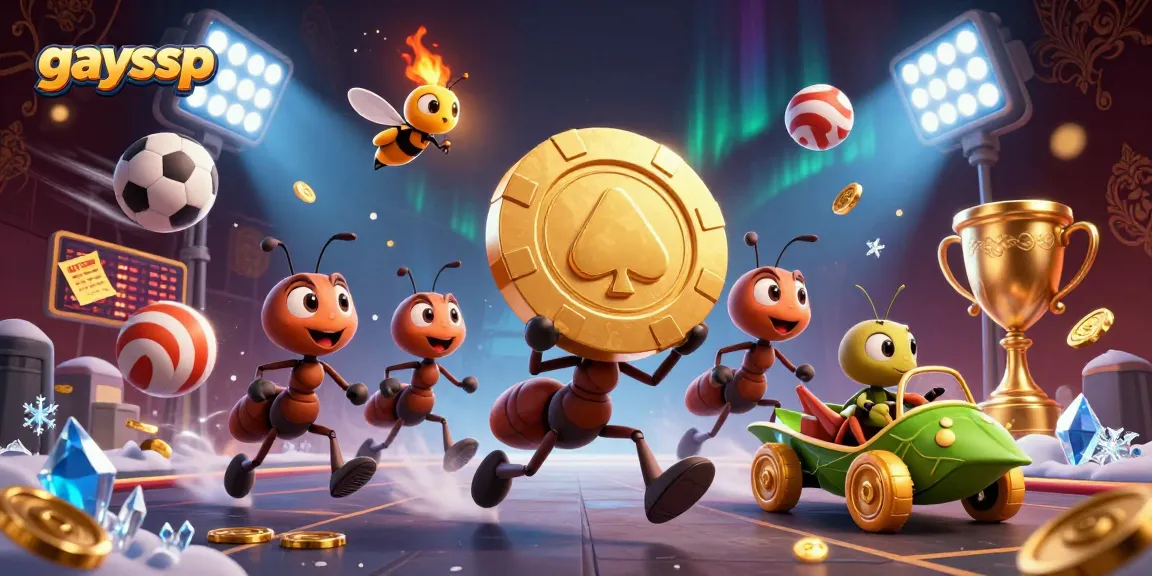 Watch the 3D casino heist unfold as ants carry a giant golden poker chip in the gaysvp online gaming world.
