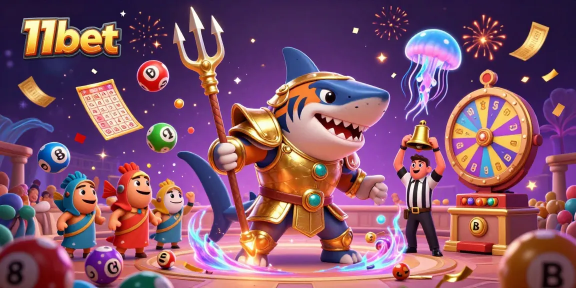Experience the thrill of 11bet in a vibrant underwater casino scene with a gladiator shark.