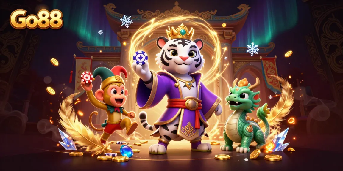 Experience the thrill of Go88 with a majestic casino scene featuring a royal tiger and vibrant gaming elements.
