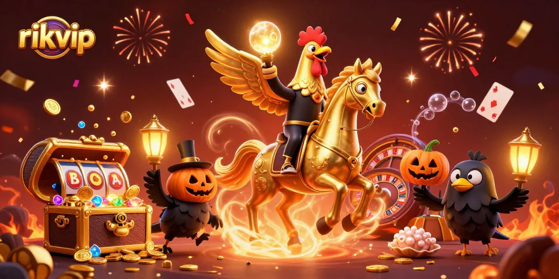 Engage with rikvip in a vibrant casino scene featuring an animated golden rooster and exciting game elements.