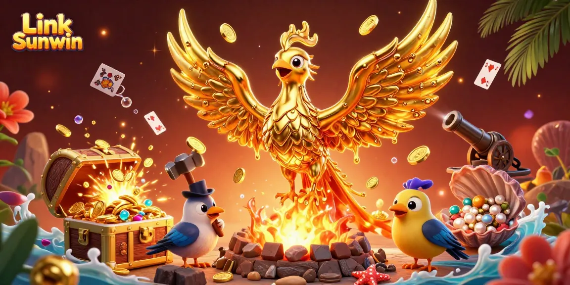 Experience thrilling gaming action with Link Sunwin, featuring a dynamic scene of a molten gold phoenix surrounded by vibrant treasures.