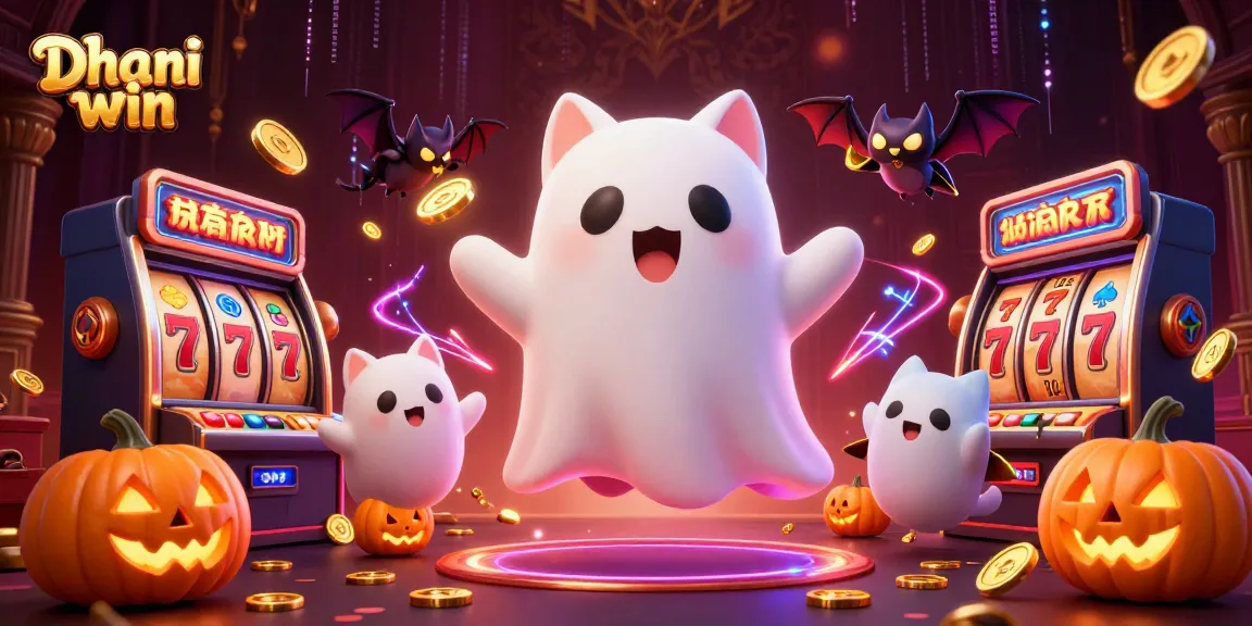 Dhani win showcases a friendly ghost cat in a haunted casino, with vibrant slot machines glowing.