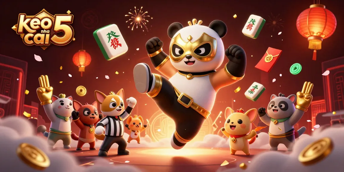 Experience keo nha cai 5 with a dynamic scene of a wrestling panda and excited animal spectators.