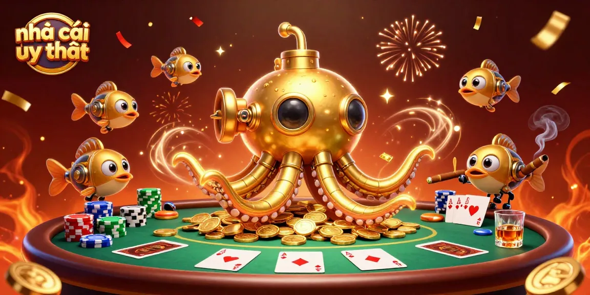 Experience the vibrant world of nhà cái uy tín with this dynamic illustration of a golden kraken submarine.