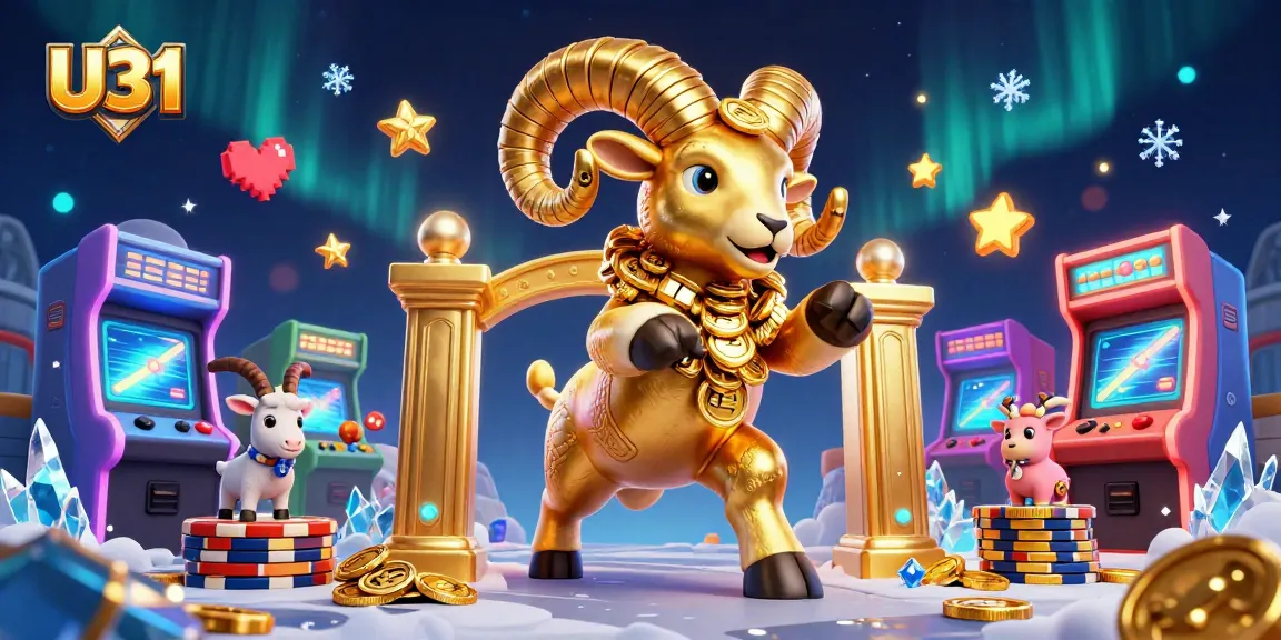 Experience thrilling gameplay with U31's dynamic casino elements, featuring a charging golden ram among vibrant game machines and coin stacks.