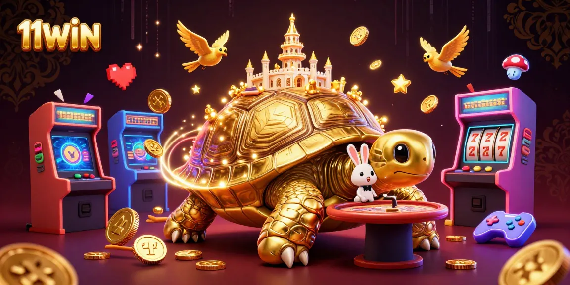 Join the gaming excitement at 11WIN featuring a golden tortoise casino and vibrant 3D arcade elements.