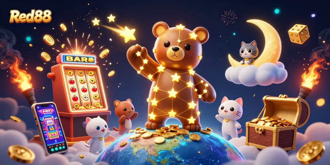 Red88 showcases a vibrant 3D illustration of a constellation bear scooping up coins amidst casino gaming elements, promoting an exciting betting atmosphere.