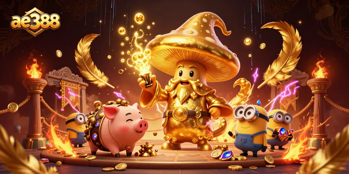 Join the excitement at ae388 with a magical golden wizard and treasure-hunting pig in a vibrant casino scene.