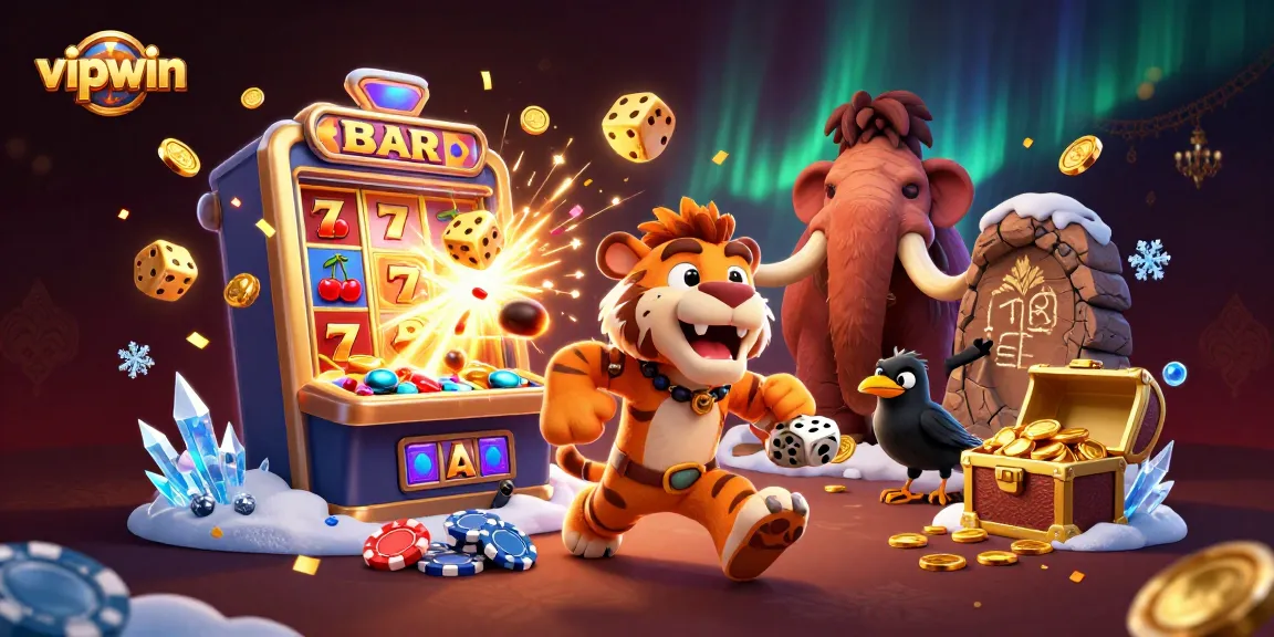 Experience the excitement of vipwin as a caveman and sabertooth tiger run a vibrant casino.