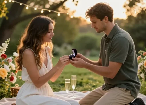 Proposing with a marquise diamond engagement ring in a romantic garden setting under fairy lights.