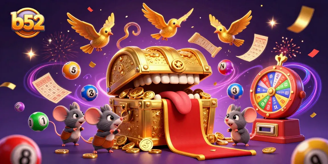 Play thrilling games at b52 casino with vibrant prizes, dynamic lottery elements, and engaging characters.